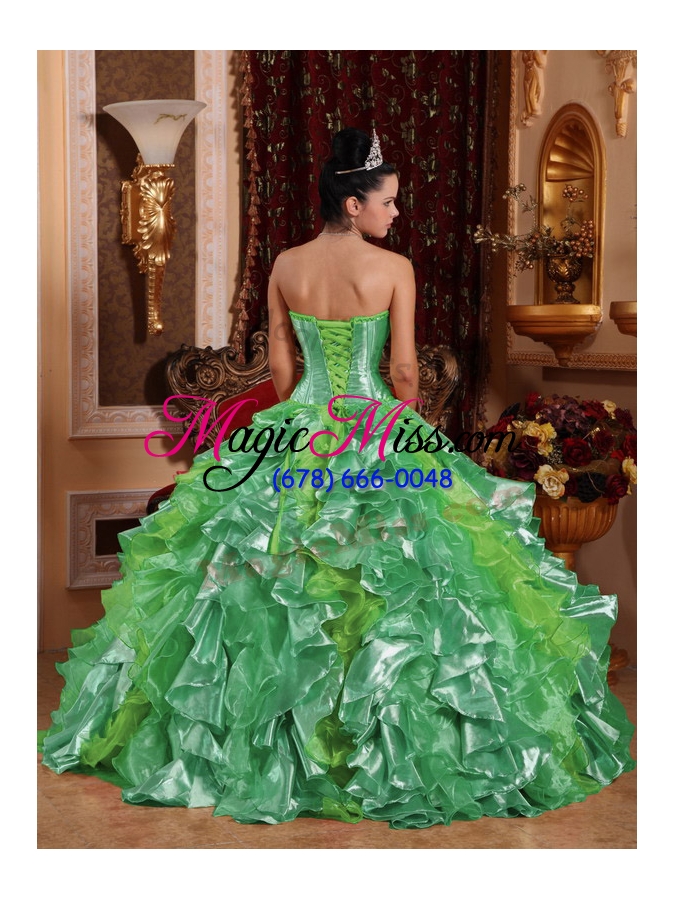 wholesale ball gown strapless green ruffles embroidery sweet fifteen dresses