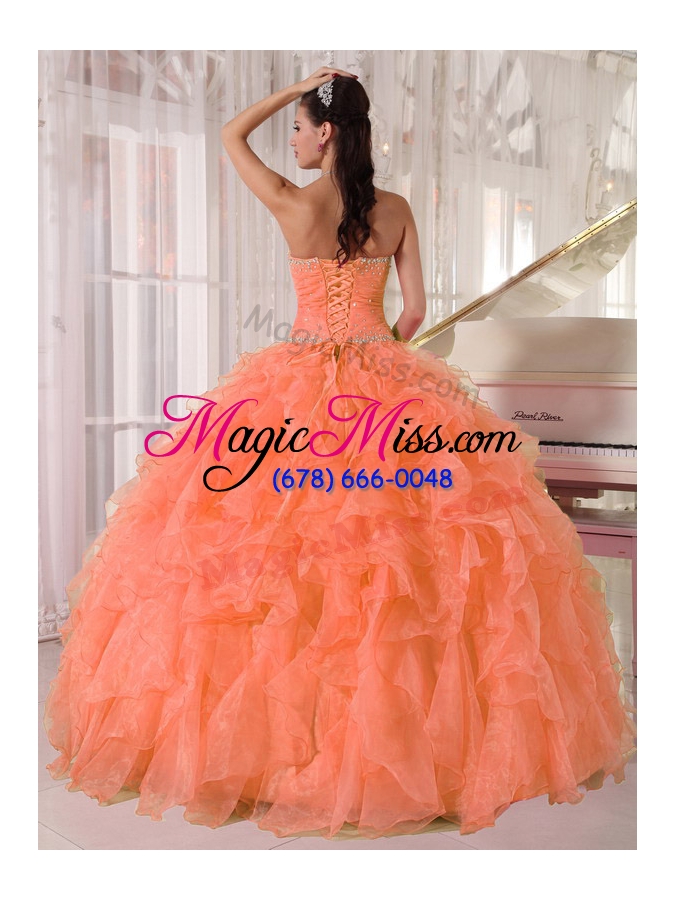 wholesale 2014 spring lovely orange ball gown strapless organza quinceanera dress with beading and ruffles