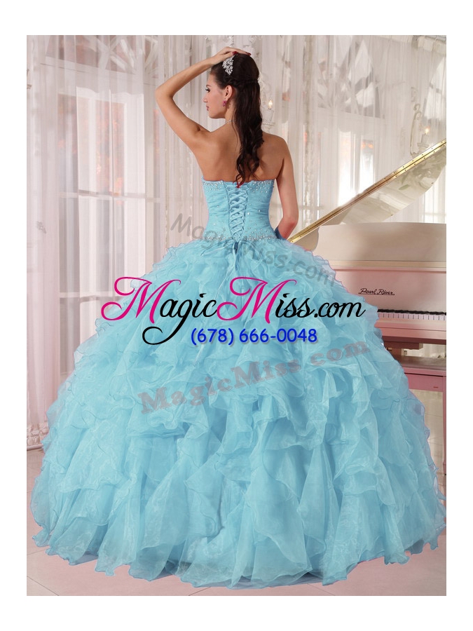 wholesale low price puffy light blue 2013 quinceanera dresses with beading and ruffles