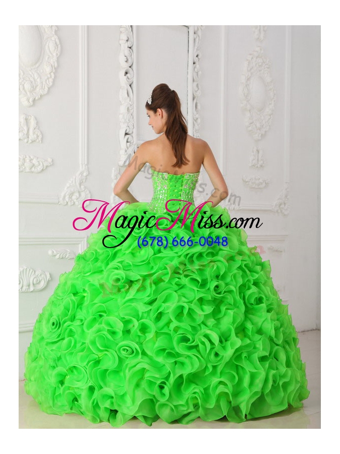 wholesale spring green ball gown strapless organza beading 2014 spring quinceanera dress with ruffles