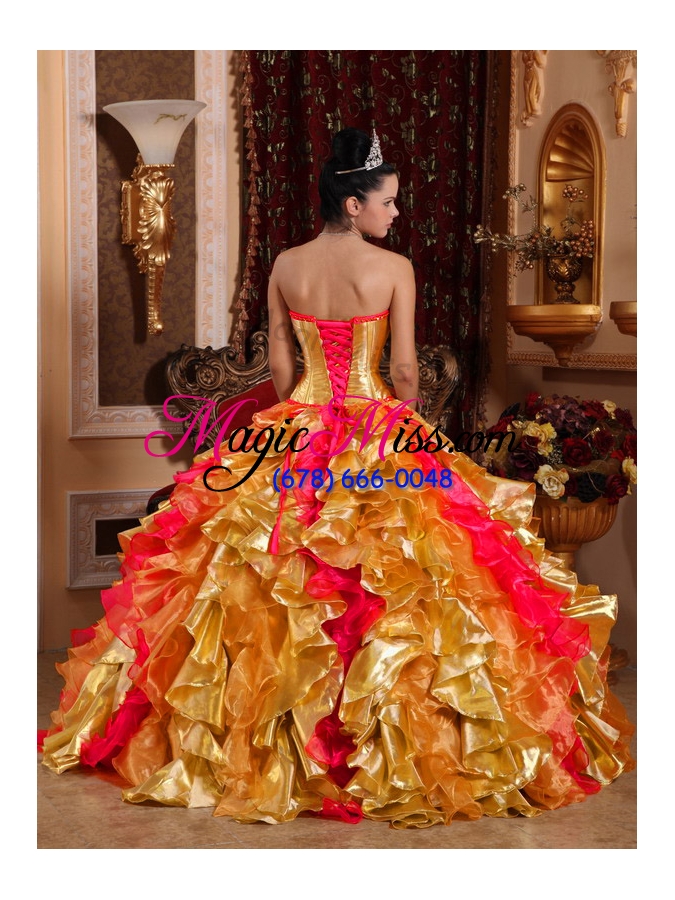 wholesale 2014 spring ball gown strapless floor-length organza embroidery gold quinceanera dress
