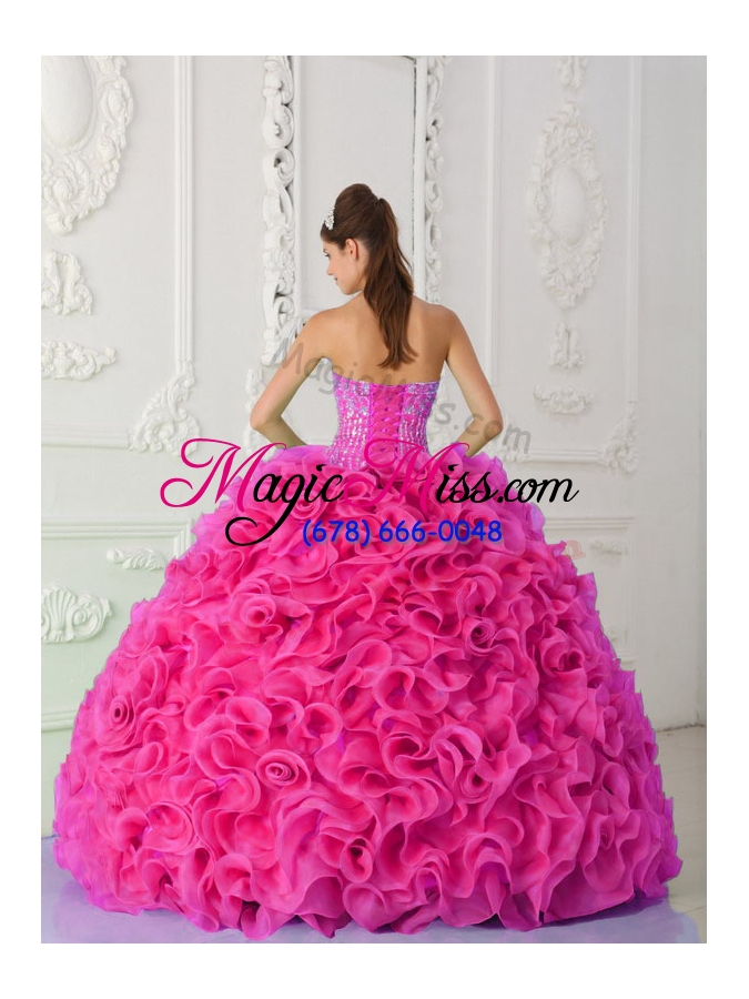 wholesale ball gown strapless organza hot pink vestidos de quinceanera dress with beading and ruffles