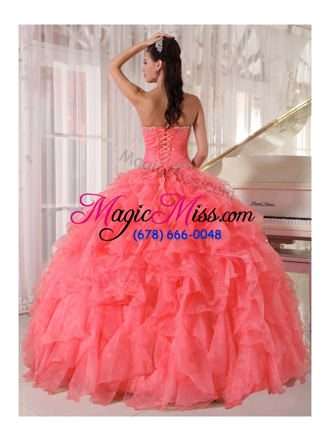 wholesale popular strapless watermelon red ruffles beading 2014 quinceanera dresses