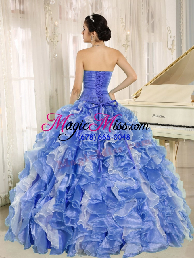 wholesale beaded bodice and ruffles custom made blue and white wholesale quinceanera dress