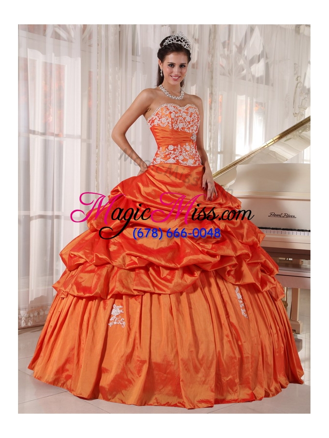 wholesale orange ball gown sweetheart floor-length taffeta appliques and ruching quinceanera dress
