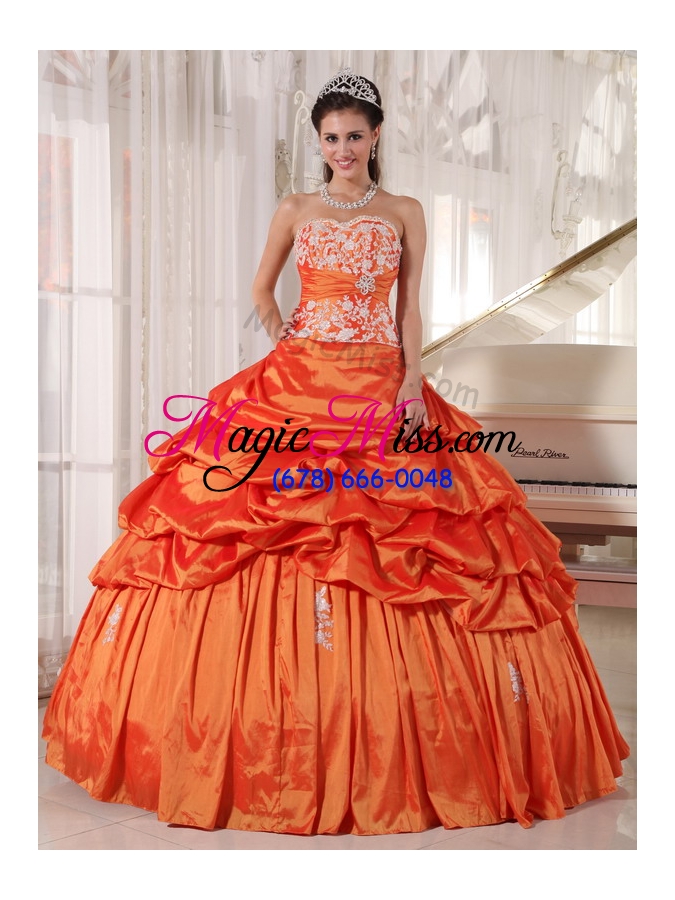wholesale orange ball gown sweetheart floor-length taffeta appliques and ruching quinceanera dress