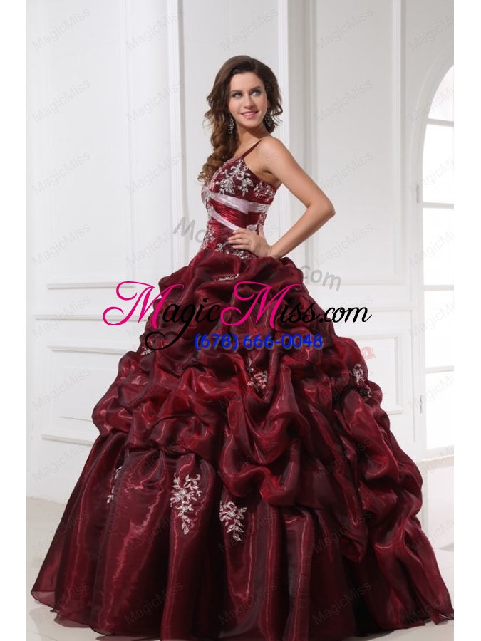 wholesale spaghetti straps burgundy long quinceanera dress with appliques