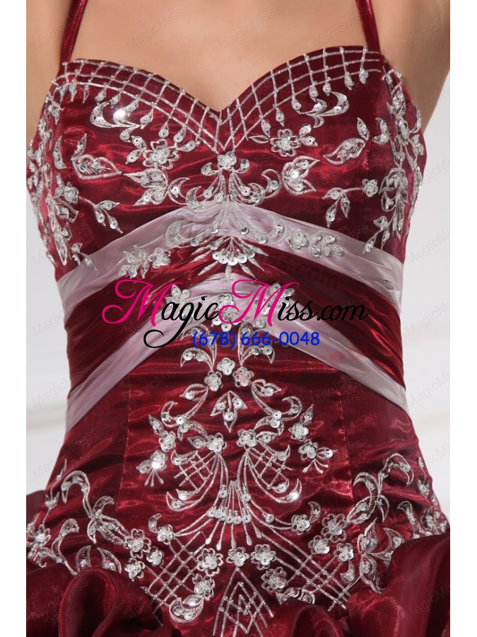 wholesale spaghetti straps burgundy long quinceanera dress with appliques