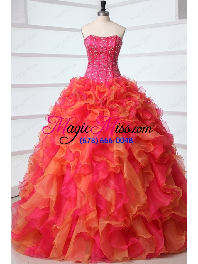 wholesale strapless beading and ruffles quinceanera dress in red and orange red