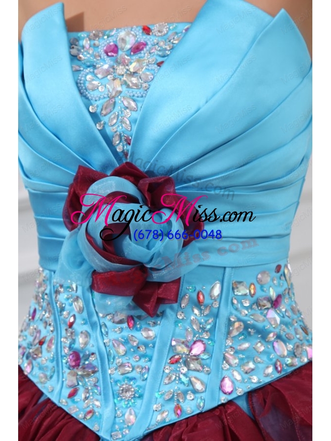 wholesale aqua and wine red strapless beading and ruching quinceanera dress