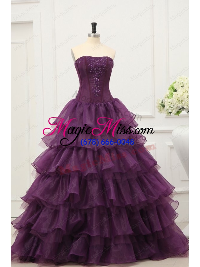 wholesale strapless beading and ruffles layered quinceanera dress in dark purple