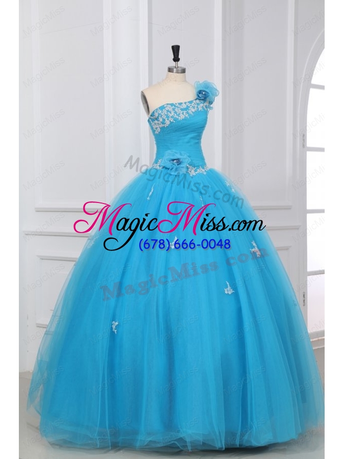 wholesale aqua one shoulder appliques and hand made flowers quinceanera  dress