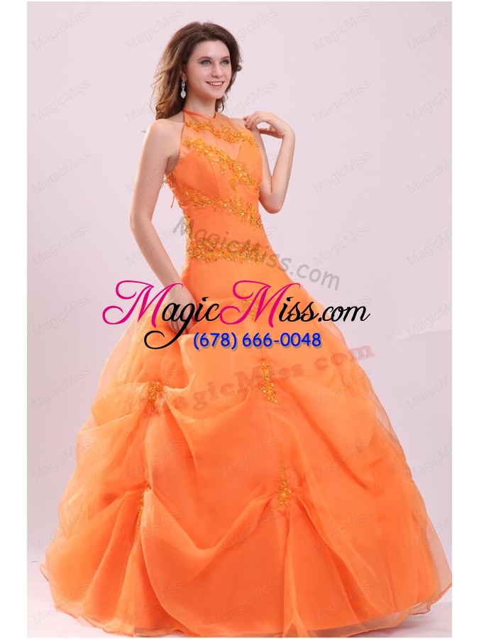 wholesale a line orange halter top neck appliques with beading quinceanera dress