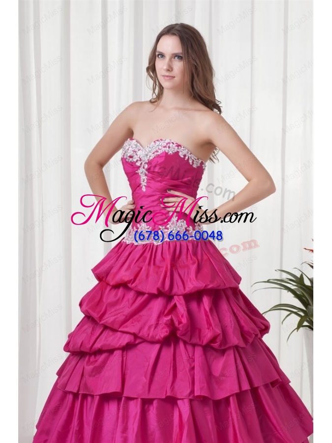 wholesale a line sweetheart hot pink taffeta appliques long quinceanera dress