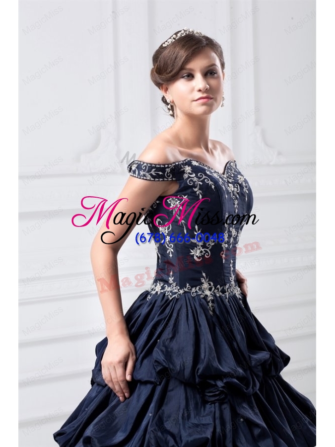 wholesale off the shoulder taffeta navy blue quinceanera dress with appliques