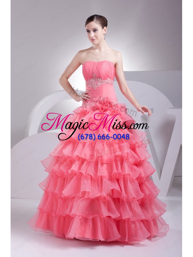 wholesale appliques and ruffles layered strapless watermelon quinceanera dress