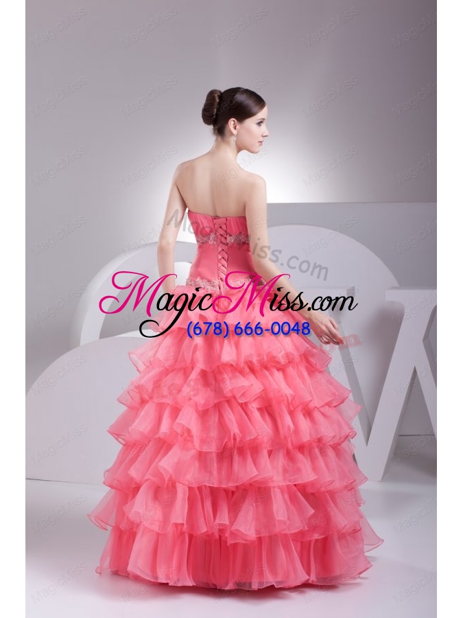 wholesale appliques and ruffles layered strapless watermelon quinceanera dress