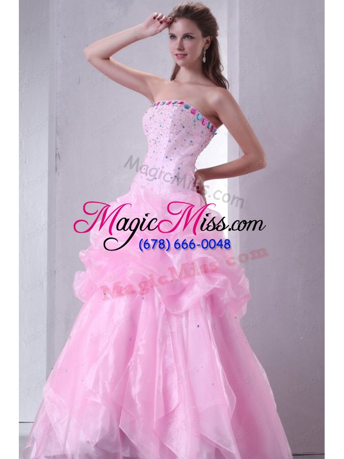 wholesale baby pink strapless beading and pick ups organza quinceanera dress