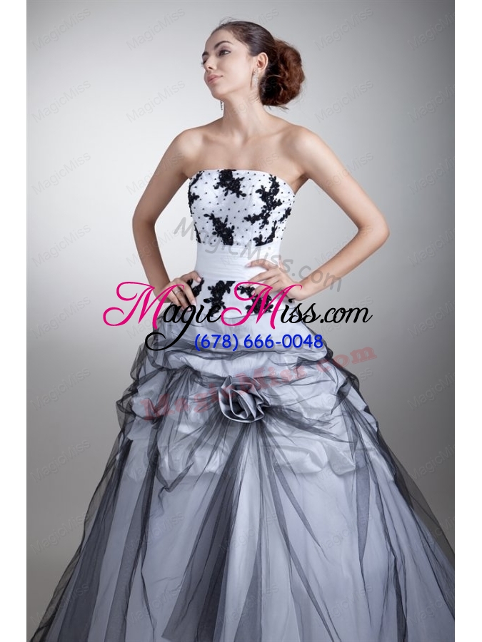 wholesale white and black strapless appliques and flowers quinceanera dress