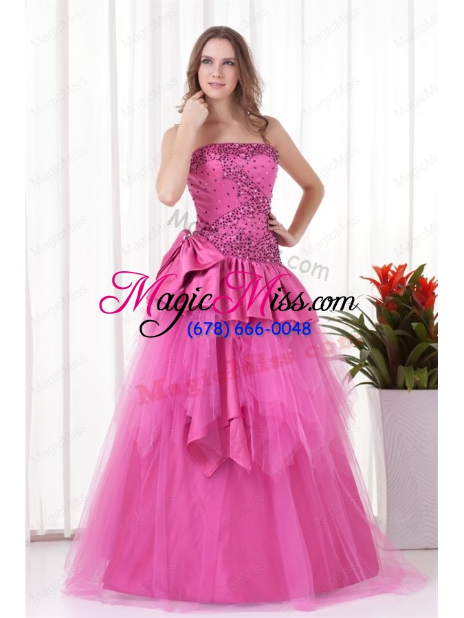 wholesale a line strapless beading and bowknot quinceanera dress in hot pink