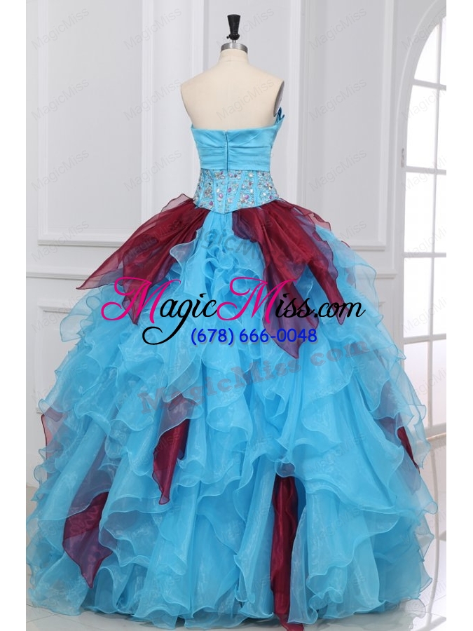 wholesale strapless beading and ruching quinceanera dress in aqua and wine red