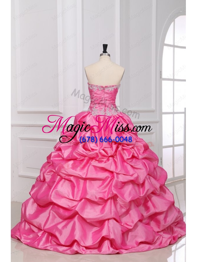 wholesale rose pink strapless appliques and pick ups quinceanera dress with taffeta