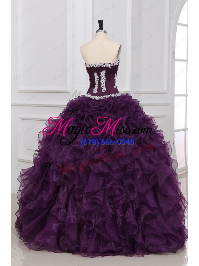 wholesale dark purple sweetheart quinceanera dress with appliques and ruffles
