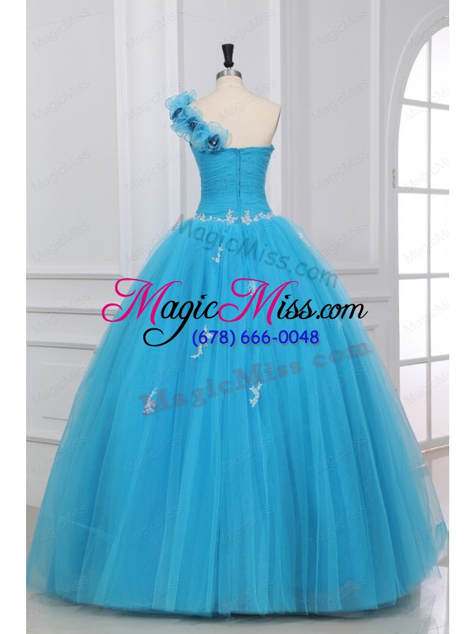 wholesale appliques and hand made flowers one shoulder quinceanera dress in aqua