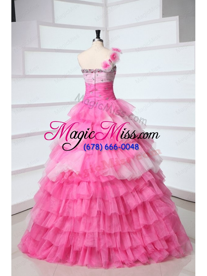 wholesale one shoulder beading and ruffles layered quinceanera dress in pink
