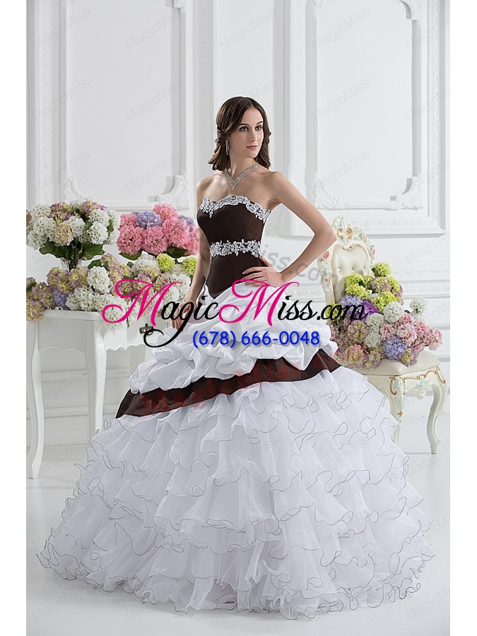 wholesale ball gown sweetheart beading ruffled layers brown and white quinceanera dress