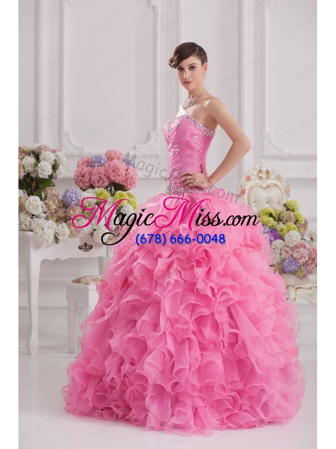 wholesale ball gown sweetheart organza beading ruffles rose pink quinceanera dress