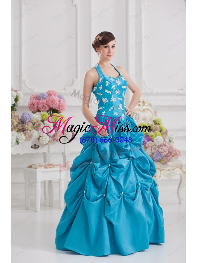 wholesale princess taffeta appliques ruffles teal quinceanera dress with halter top