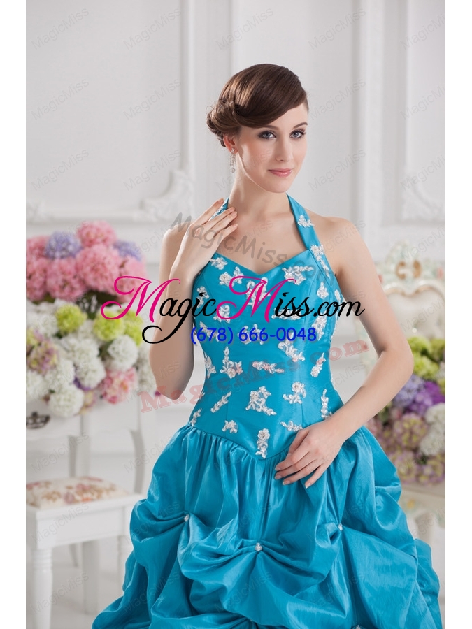 wholesale princess taffeta appliques ruffles teal quinceanera dress with halter top