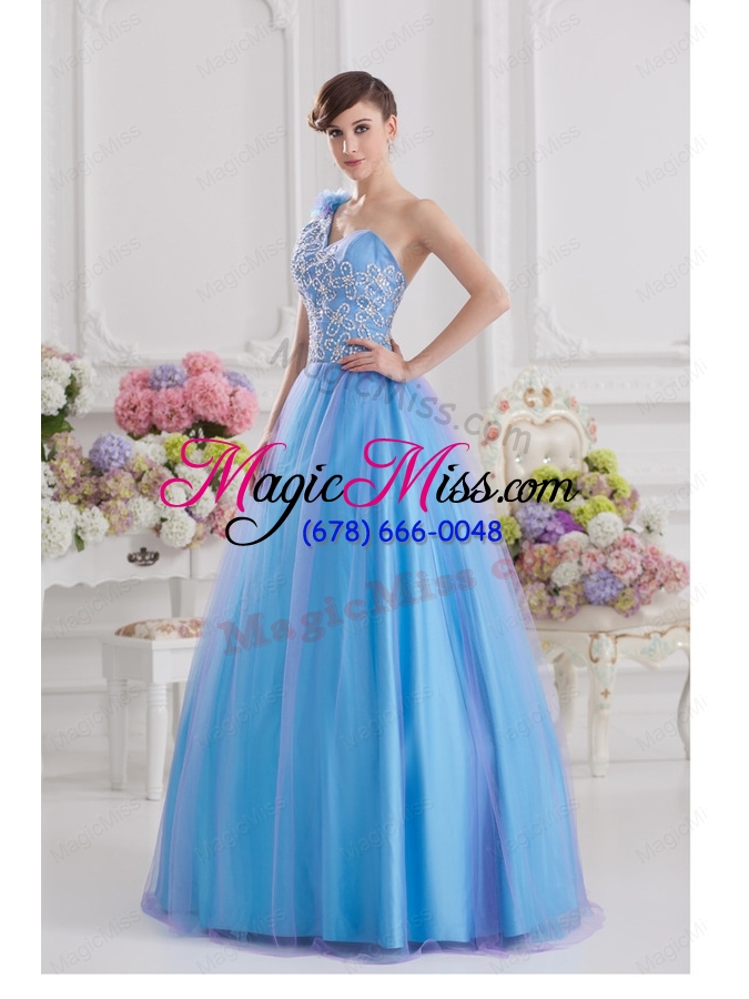 wholesale a line one shoulder blue quinceanera dress with appliques hand made flower