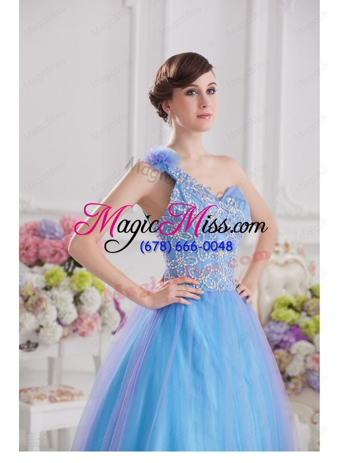 wholesale a line one shoulder blue quinceanera dress with appliques hand made flower