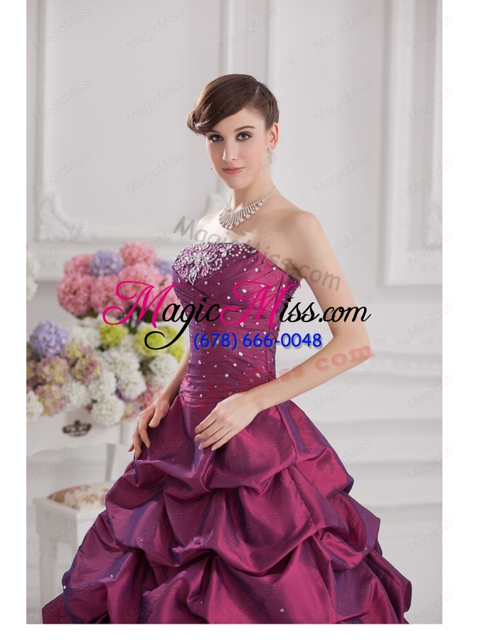 wholesale ball gown strapless taffeta purple quinceanera dress with beading and pick ups