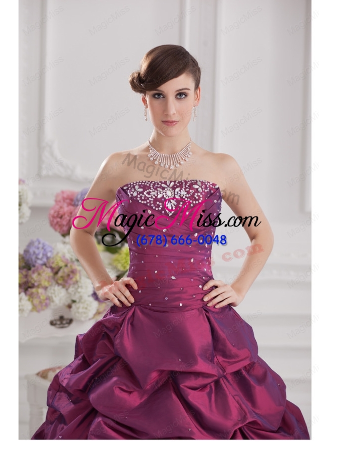 wholesale ball gown strapless taffeta purple quinceanera dress with beading and pick ups