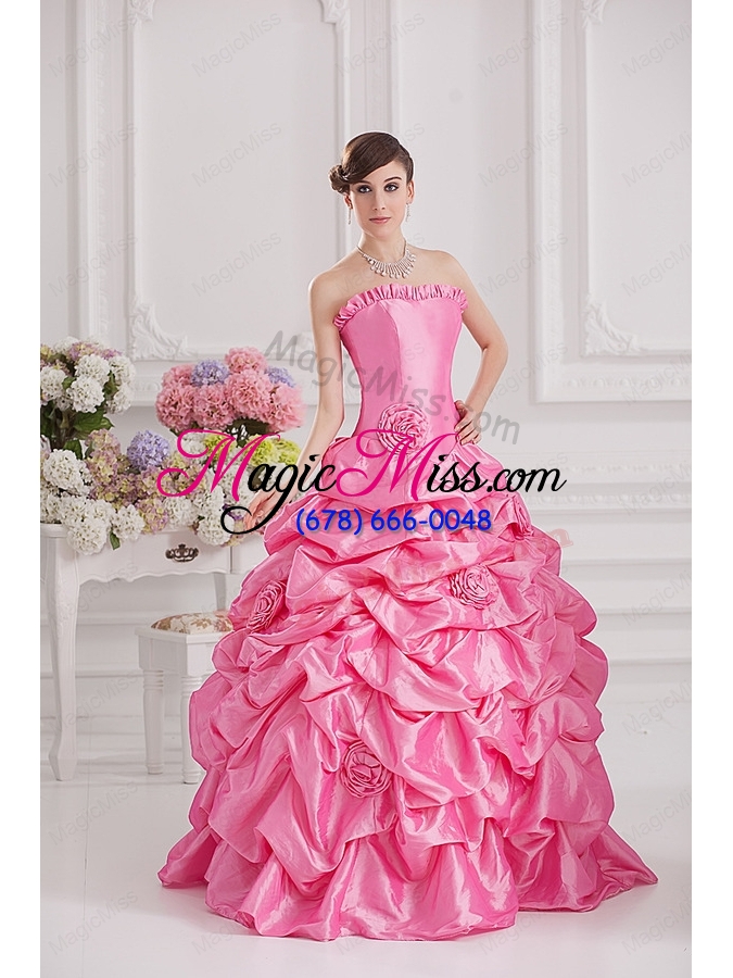 wholesale ball gown strapless pick ups rose pink quinceanera dress with hand made flowers
