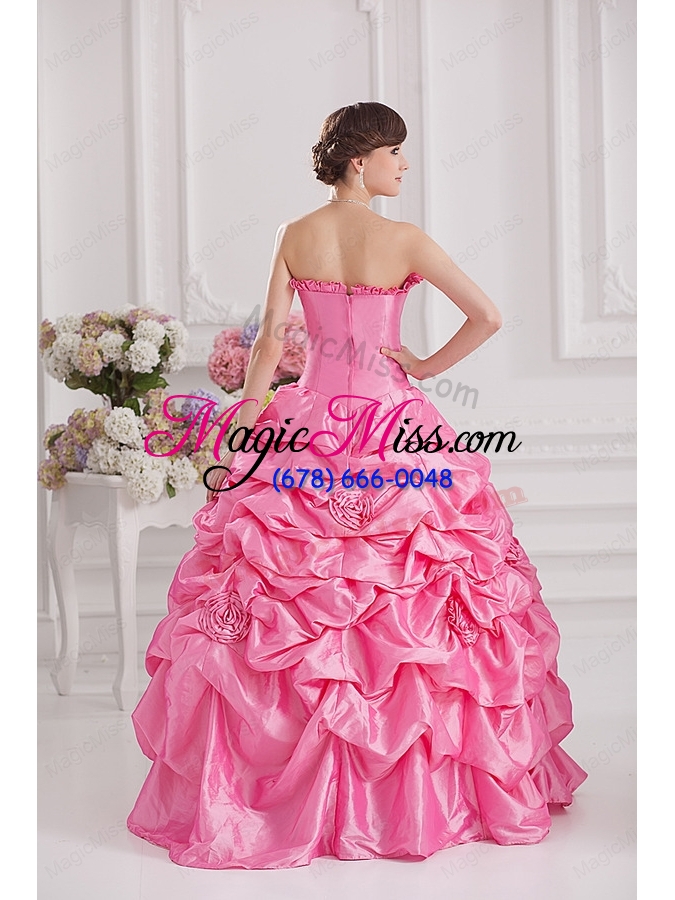 wholesale ball gown strapless pick ups rose pink quinceanera dress with hand made flowers
