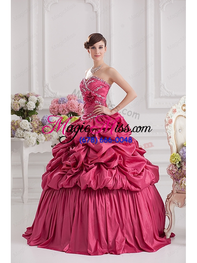 wholesale 2015 spring ball gown sweetheart beading pick ups quinceanera dress in red