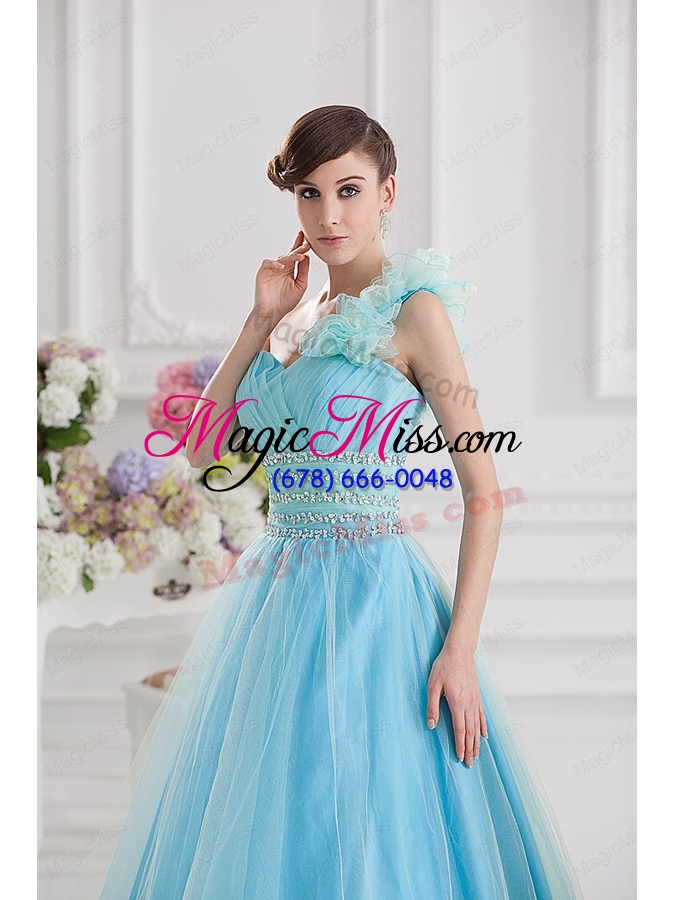 wholesale beautiful a line one shoulder ruching and beading aqua blue quinceanera dress