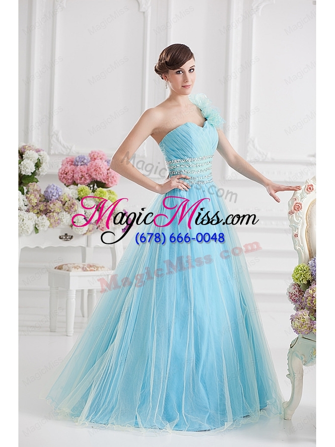 wholesale beautiful a line one shoulder ruching and beading aqua blue quinceanera dress