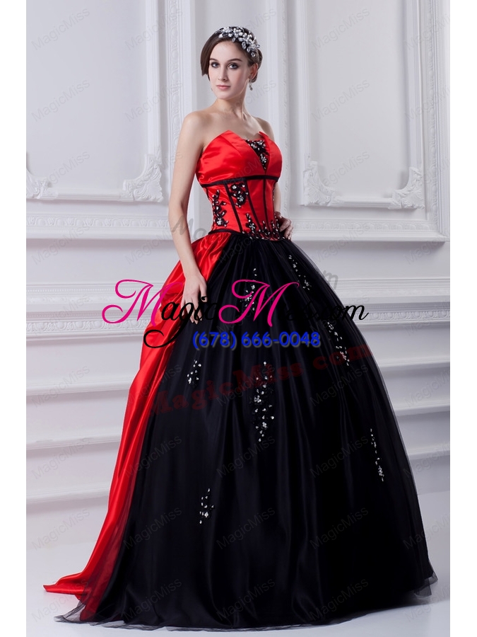 wholesale cheap strapless appliques black and red quinceanera dress with brush train