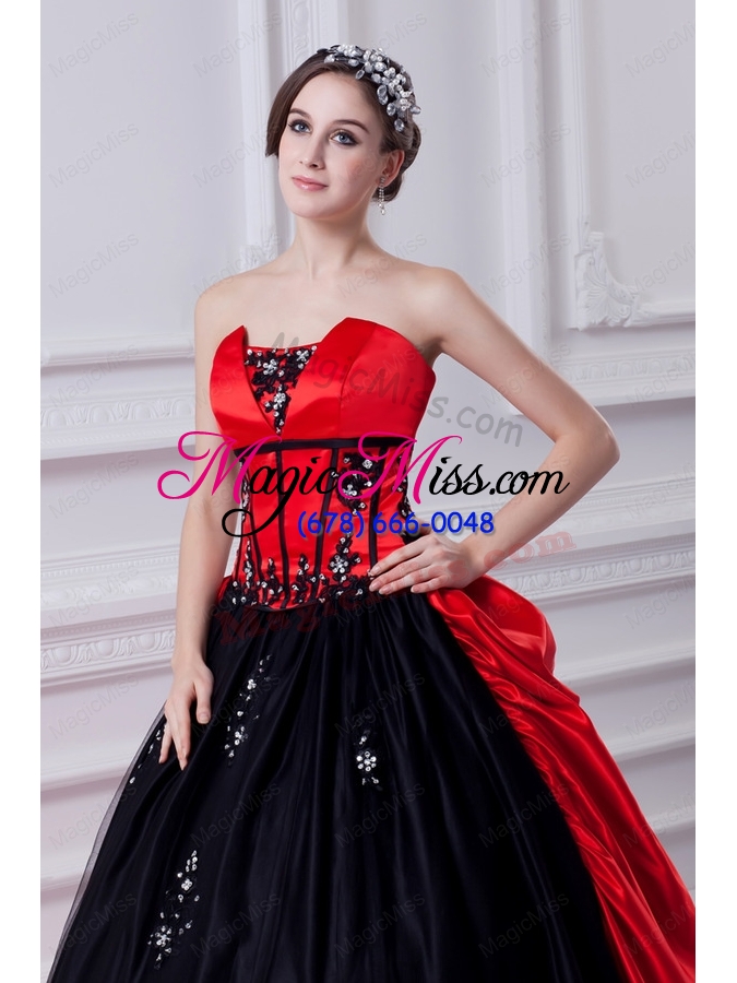 wholesale cheap strapless appliques black and red quinceanera dress with brush train