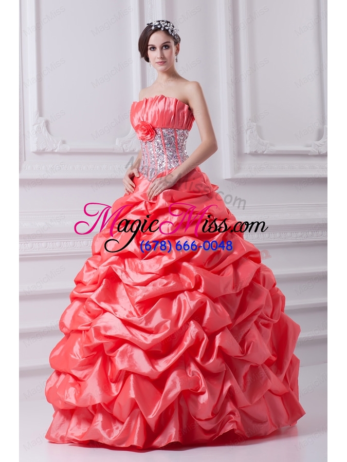 wholesale 2015 watermelon ball gown strapless beading quinceanera dress with side zipper