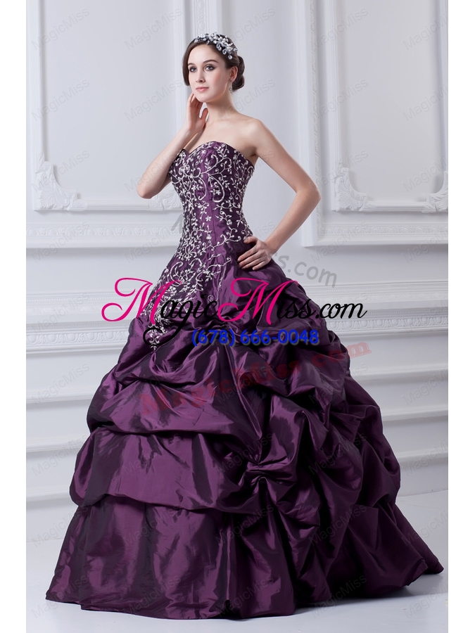 wholesale cheap eggplant purple sweetheart embroidery and pick ups quinceanera dress