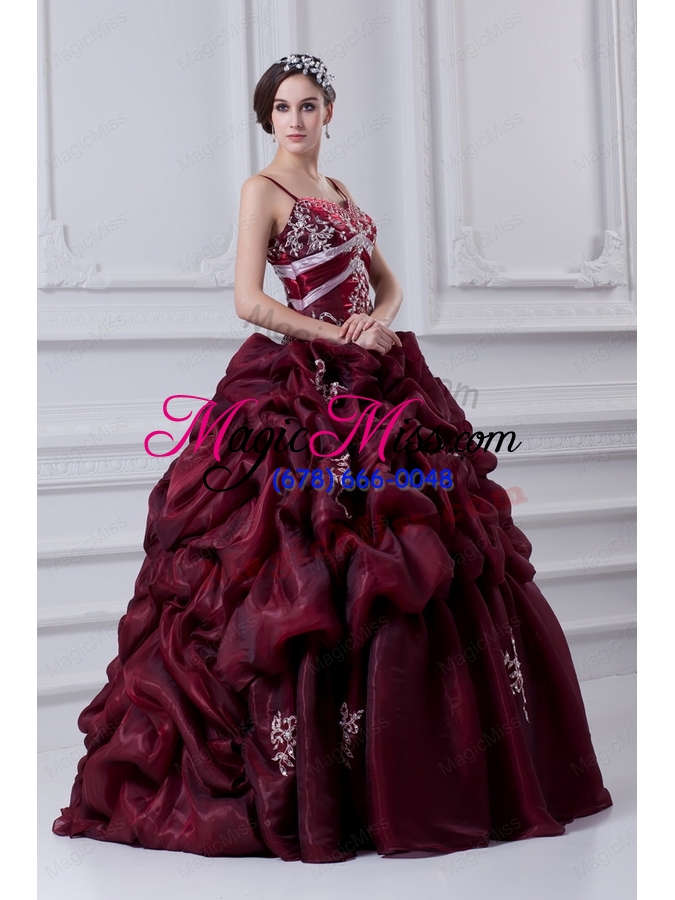 wholesale 2015 spaghetti straps beading and appliques burgundy quinceanera dress