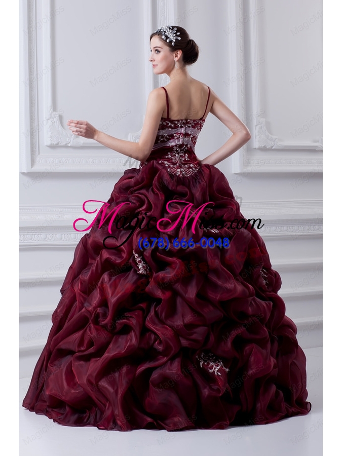 wholesale 2015 spaghetti straps beading and appliques burgundy quinceanera dress