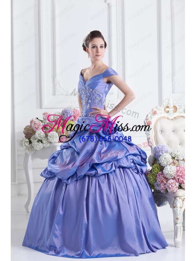 wholesale blue off the shoulder pick ups purple quinceanera dress with beading