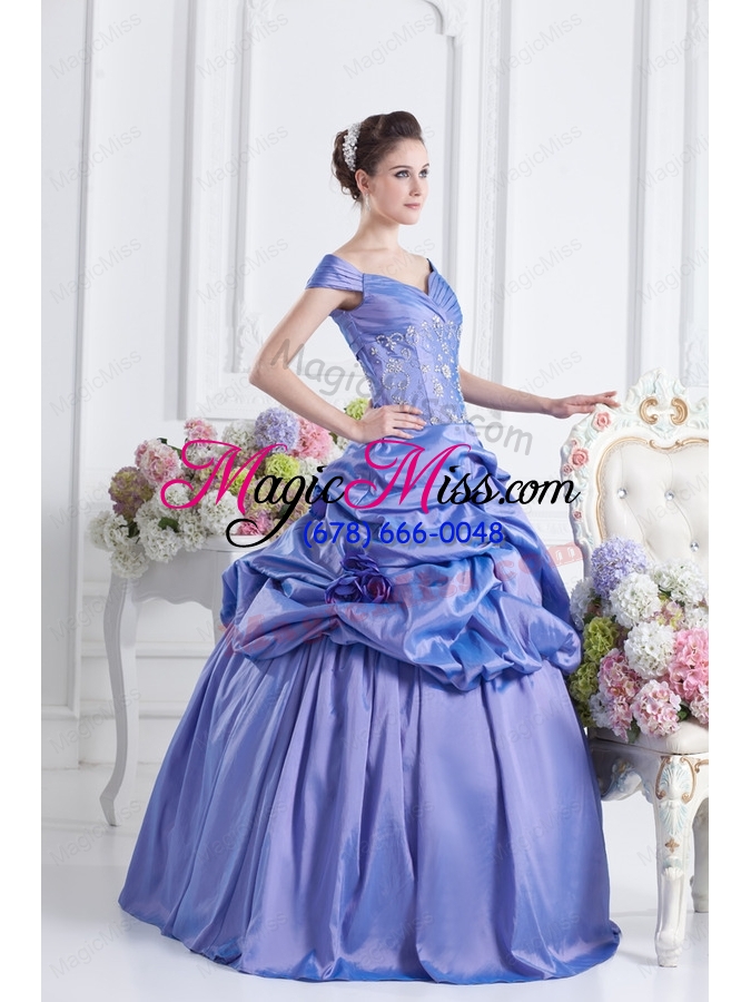 wholesale blue off the shoulder pick ups purple quinceanera dress with beading